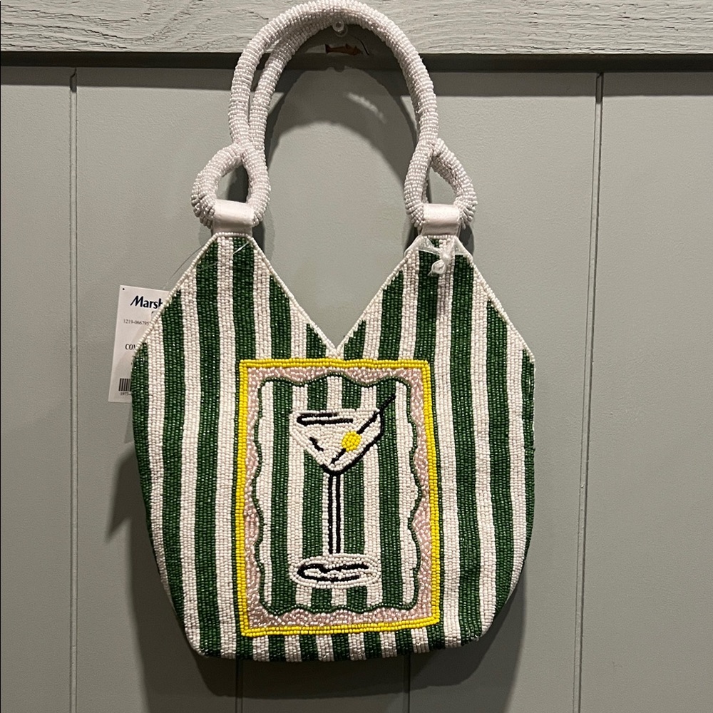 Green and White Striped Martini Beaded Tote Bag